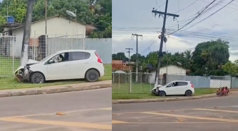 Carro em alta velocidade colide contra poste na entrada de Iranduba; veja vídeo