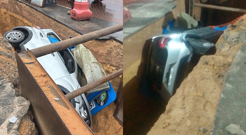 Carro ultrapassa sinalização e cai dentro de vala de obras da Cigás no Nova Cidade; veja vídeo