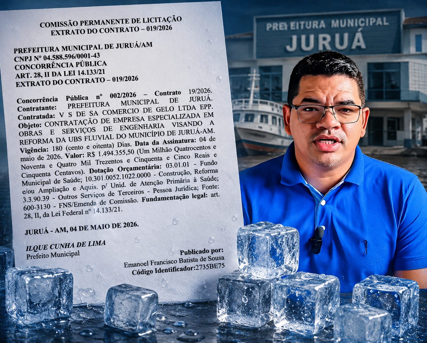 Escândalo: empresa de gelo é contratada por quase R$ 1,5 milhão para obra em UBS Fluvial em Juruá; veja documentos
