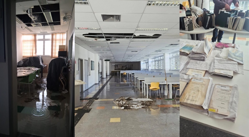 Após teto desabar, funcionários correm para salvar acervo de biblioteca alagada na USP; veja