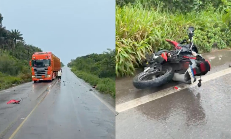 Tragédia: motoqueiro morre em grave acidente com caminhão na BR-174; veja vídeo
