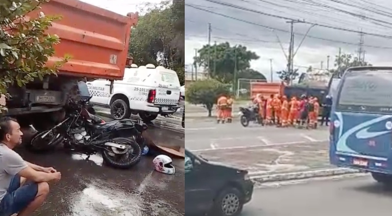 Motoqueiro morre em acidente com caçamba no Distrito Industrial; veja vídeo