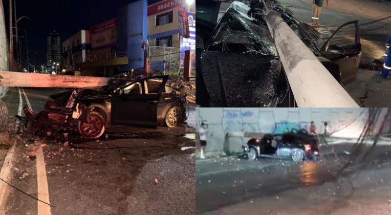 Acidente na madrugada deixa três feridos após carro colidir contra poste em Manaus; veja vídeo