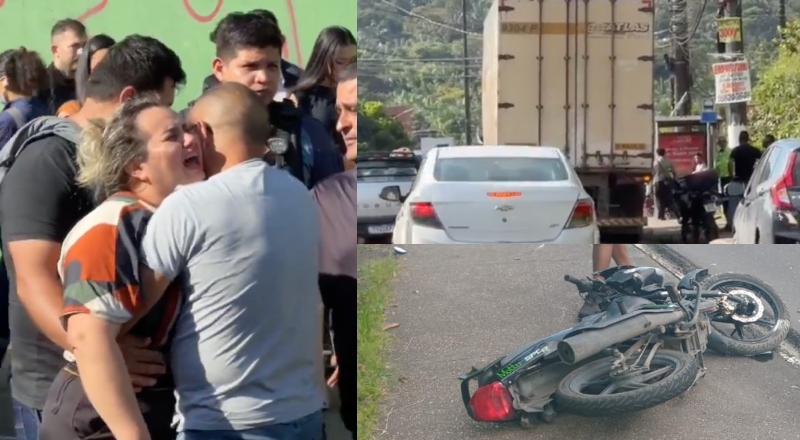 Esposa entra em desespero ao ver corpo do marido vítima de acidente com carreta perto da Bola do Coroado; veja vídeo