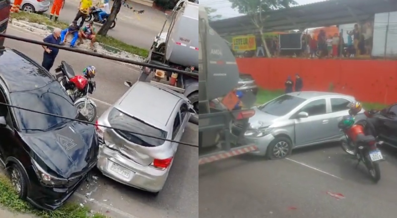 Engavetamento envolvendo caminhões e carros bloqueia a Avenida Rodrigo Otávio em Manaus; veja vídeo