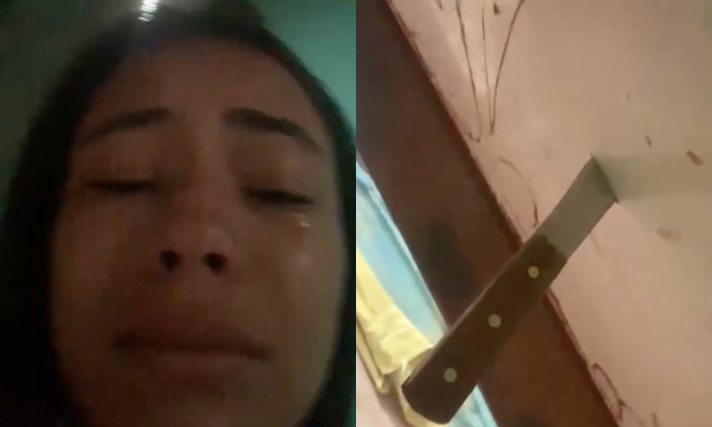 Amazonas: aos prantos, jovem denuncia ameaças do ex e mostra faca cravada na porta de casa; veja vídeo