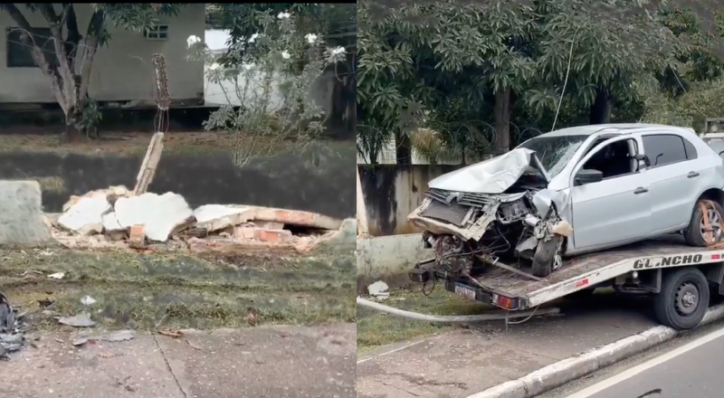 Carro destrói muro do Exército e causa caos no trânsito da Avenida São Jorge; veja vídeo