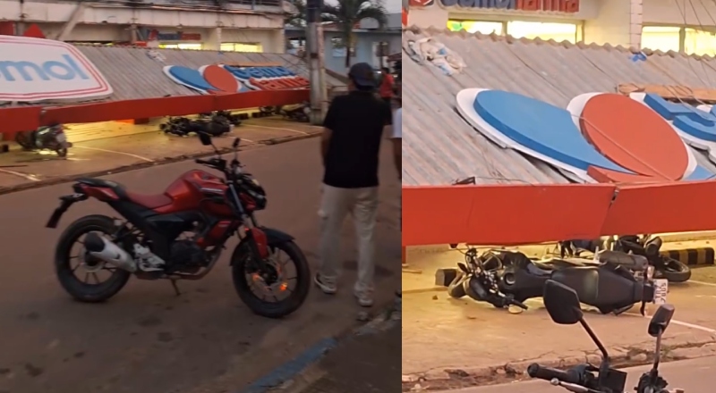 Letreiro e cobertura da Bemol desabam sobre motocicletas no município de Careiro Castanho; veja vídeo