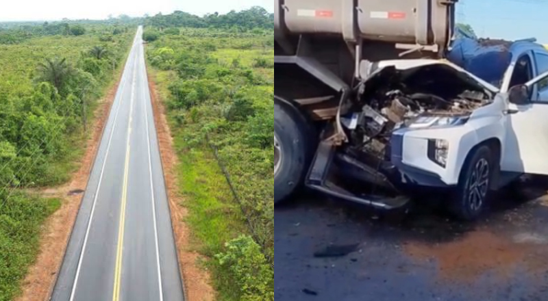 Batida violenta entre caminhonete e caminhão destrói veículo na AM-010; veja vídeo
