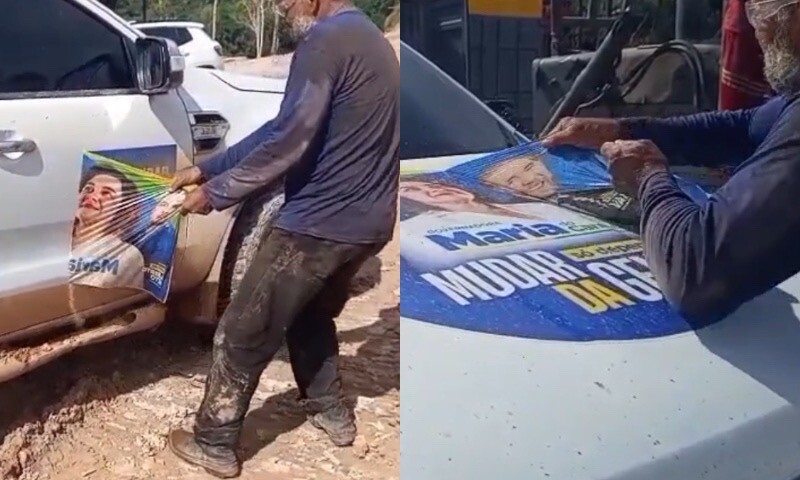 “Já começou prometendo e não cumprindo”: eleitor revoltado arranca e rasga adesivo de Maria do Carmo de carro; veja vídeo