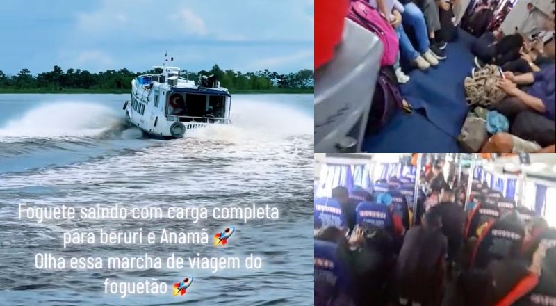 Brincando com a vida: lancha apelidada de “Foguetão” ‘voa’ pela água entupida de gente e ainda dá baile na polícia do AM; veja vídeo