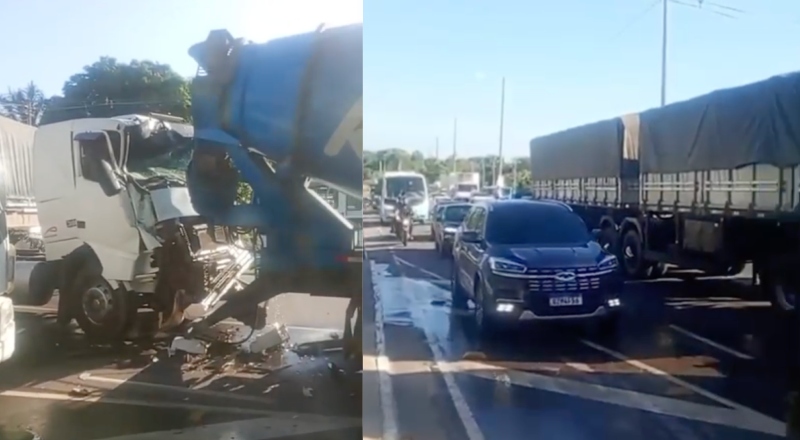 Acidente entre carreta e caminhão betoneira causa congestionamento no bairro Tarumã; veja vídeo