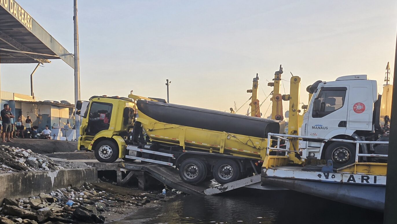Plataforma rompe durante embarque e deixa caminhão preso no Porto da Ceasa, em Manaus; veja vídeo