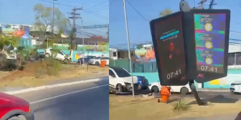 Motorista perde controle, invade a contramão e carro colide contra painel de LED em Manaus; veja