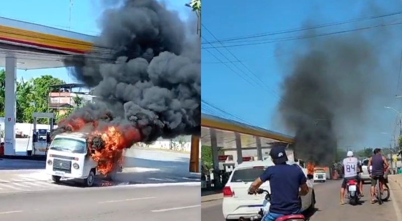 Urgente: Kombi pega fogo ao lado de posto de gasolina em Iranduba; veja vídeo