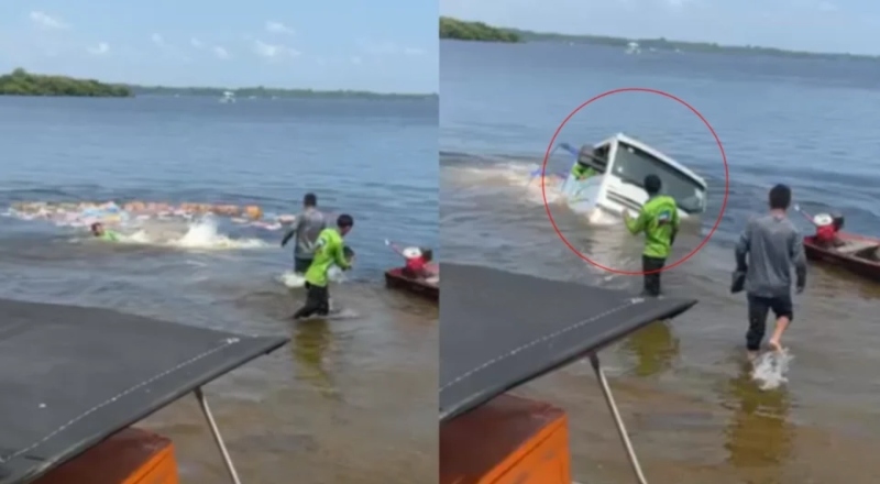 ‘Desce uma gelada aí’: Caminhão carregado de bebidas afunda no rio após descer desgovernado em porto de Maués; veja vídeo