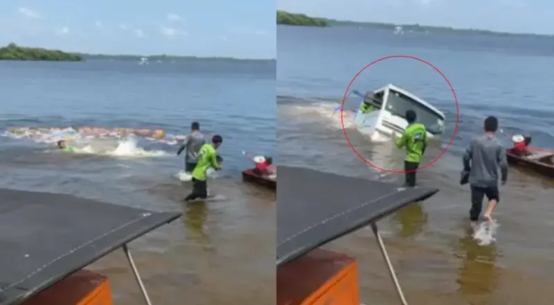 ‘Desce uma gelada aí’: Caminhão carregado de bebidas afunda no rio após descer desgovernado em porto de Maués; veja vídeo
