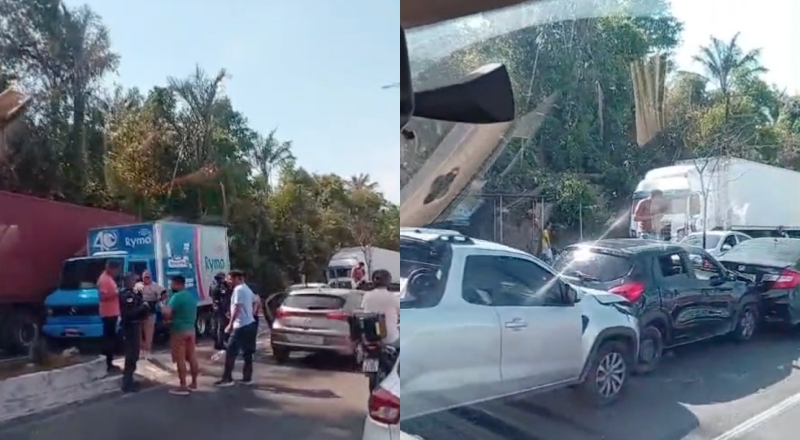 Urgente: Engavetamento com cinco carros e carreta em pane travam avenida Rodrigo Otávio em Manaus; veja vídeo