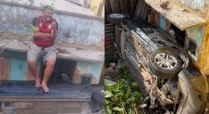 Torcedor do flamengo, bêbado, capota carro e invade quintal de residência na Compensa; veja vídeo