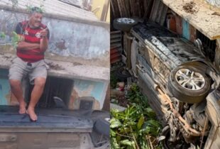 Torcedor do flamengo, bêbado, capota carro e invade quintal de residência na Compensa; veja vídeo