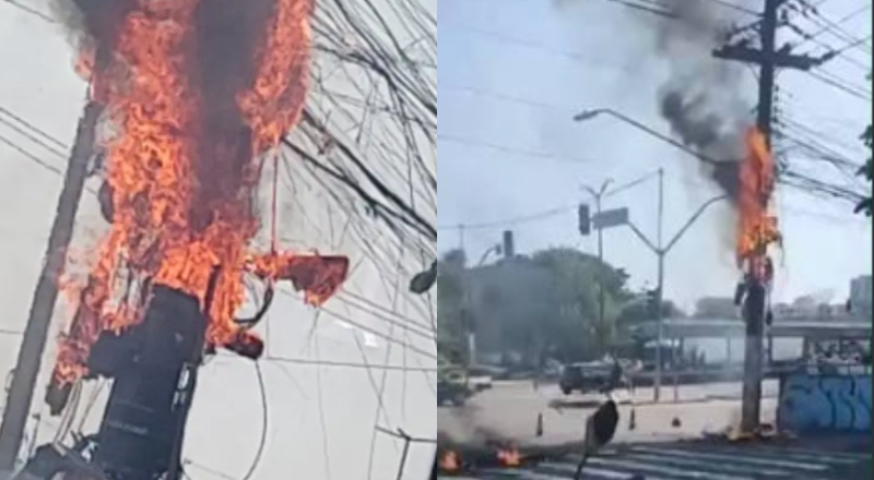 Poste pega fogo, fios caem na pista e causam caos na Avenida Cosme Ferreira, em Manaus