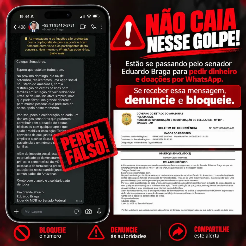 Criminosos usam nome e foto de Eduardo Braga para aplicar golpe contra senadores
