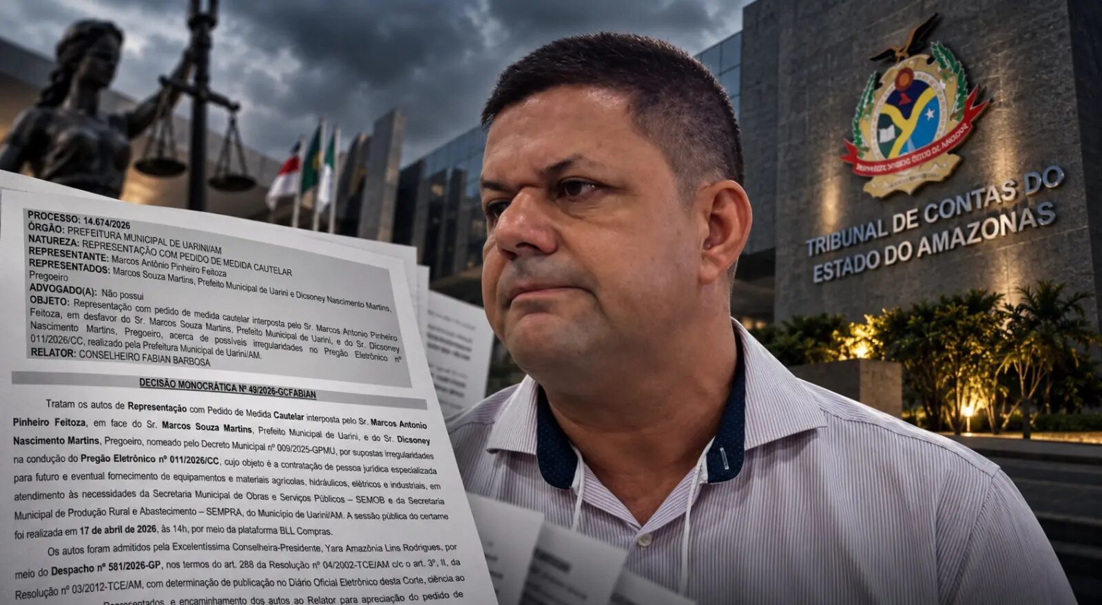 Compra milionária segue barrada após TCE-AM rejeitar recurso do prefeito Marcos Martins em Uarini; veja documento