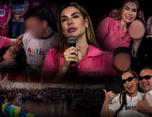Crime eleitoral: Com camisa de campanha, Thaísa Cidade usa causa autista e programas do Estado para pedir votos ao marido