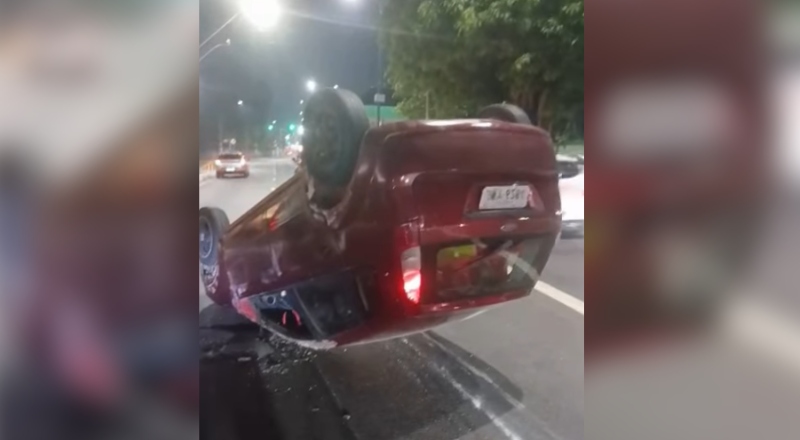 Mais um acidente: Carro capota em frente ao Millennium Shopping; veja vídeo
