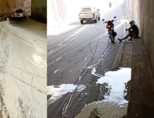 Pista encharcada de tinta causa acidente de moto na passagem de nível do Rei Pelé, em Manaus; veja vídeo