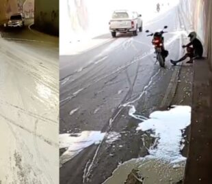 Pista encharcada de tinta causa acidente de moto na passagem de nível do Rei Pelé, em Manaus; veja vídeo