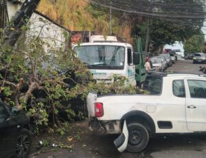 Caminhão desgovernado causa destruição de carros e derruba poste no Centro de Manaus