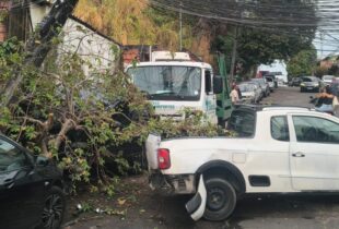 Caminhão desgovernado causa destruição de carros e derruba poste no Centro de Manaus