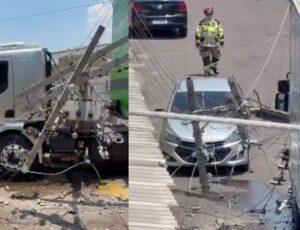 Destruição: caminhão arrasta fiação e derruba poste com transformador no bairro Petrópolis; veja vídeo