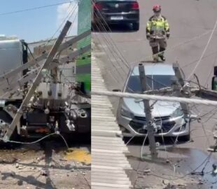 Destruição: caminhão arrasta fiação e derruba poste com transformador no bairro Petrópolis; veja vídeo