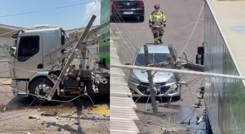 Destruição: caminhão arrasta fiação e derruba poste com transformador no bairro Petrópolis; veja vídeo