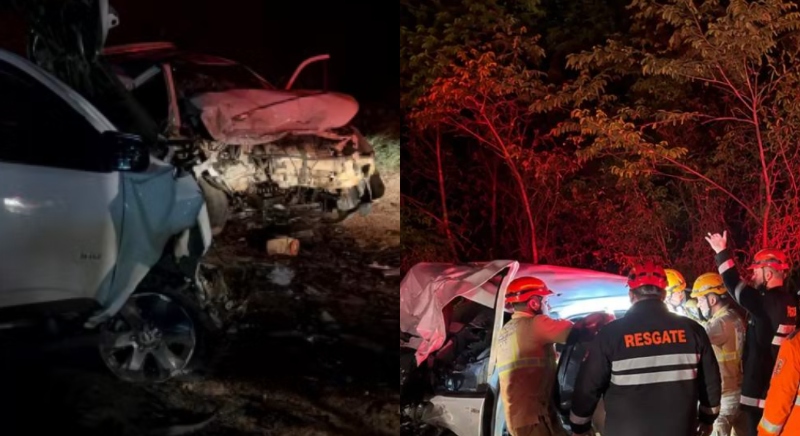 Batida de frente entre duas caminhonetes causou destruição total deixando dois mortos e seis feridos; veja