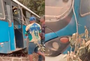 Ônibus escolar desgovernado invade vegetação após pneu estourar no meio da estrada; veja vídeo