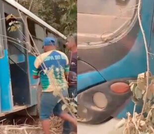 Ônibus escolar desgovernado invade vegetação após pneu estourar no meio da estrada; veja vídeo