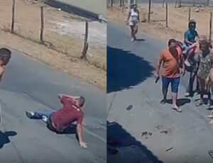 Filho ataca o próprio pai com faca e acaba bal3ado por policial; veja vídeo