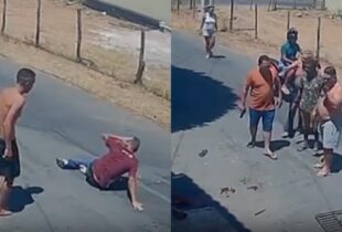 Filho ataca o próprio pai com faca e acaba bal3ado por policial; veja vídeo