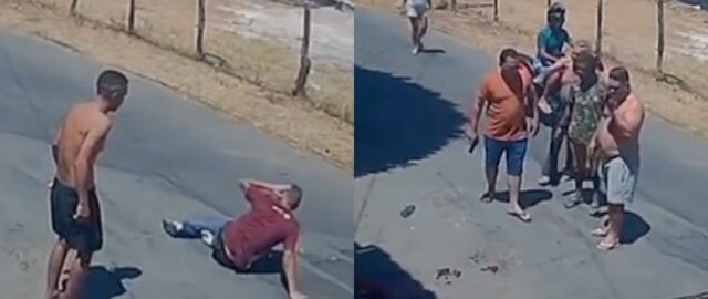 Filho ataca o próprio pai com faca e acaba bal3ado por policial; veja vídeo
