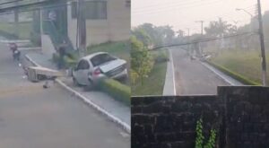 Carro desgovernado invade condomínio e fere duas pessoas na Ponta Negra; veja vídeo
