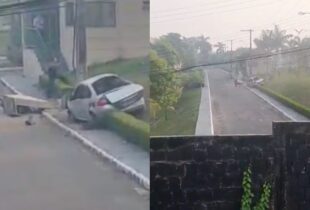 Carro desgovernado invade condomínio e fere duas pessoas na Ponta Negra; veja vídeo