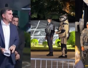 Flávio Bolsonaro foi evacuado de debate com escolta após suspeita de bomba ter sido implantada no carro dele; veja vídeo