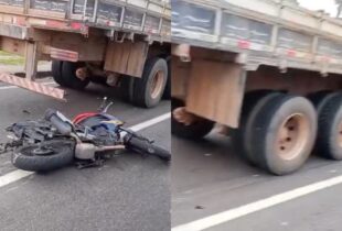 Piloto de moto fica gravemente ferido após acidente com carreta na Avenida das Torres; veja vídeo