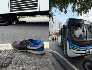 Gravíssimo: motoqueiro vai parar debaixo de ônibus no bairro Adrianópolis; veja vídeo