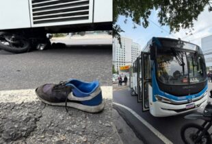 Gravíssimo: motoqueiro vai parar debaixo de ônibus no bairro Adrianópolis; veja vídeo