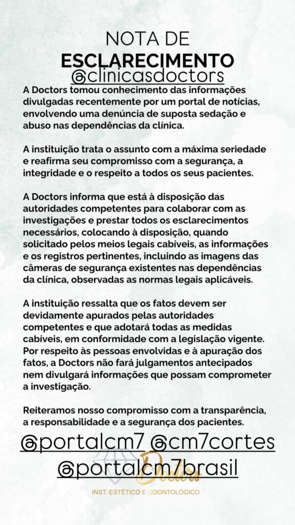 Manifestação divulgada pela Clínica Doctors