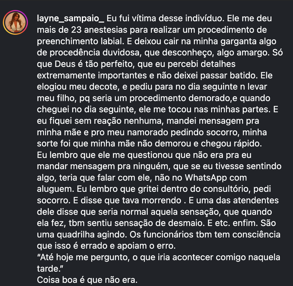 Relato publicado por Layne Sampaio nas redes sociais